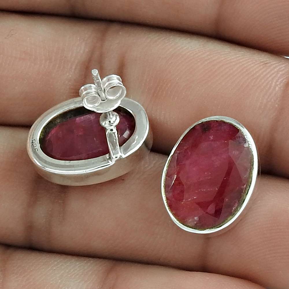 Natural Ruby Gemstone 925 Sterling Silver Stud Tribal Earrings For Women V2