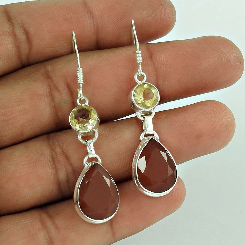 Natural Carnelian Gemstone Dangle Ethnic Earrings 925 Silver For Girls F9