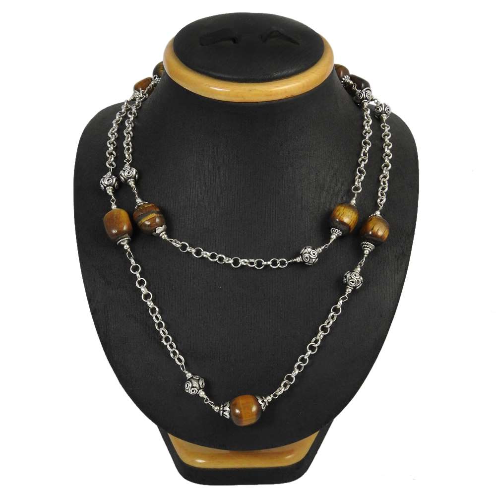 Natural Tiger'S Eye Gemstone 925 Sterling Silver Cluster Beaded Necklace N1