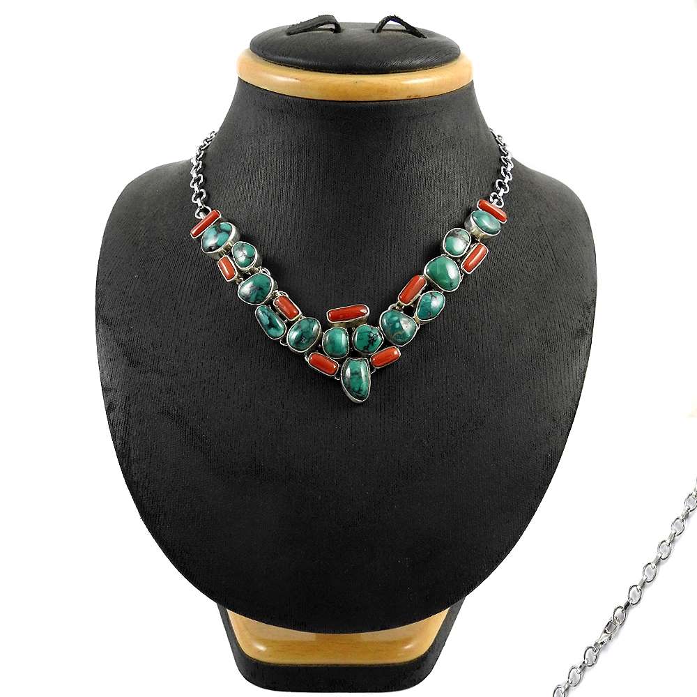 Woman Gift Natural Turquoise Cluster Bohemian Necklace 925 Silver A4