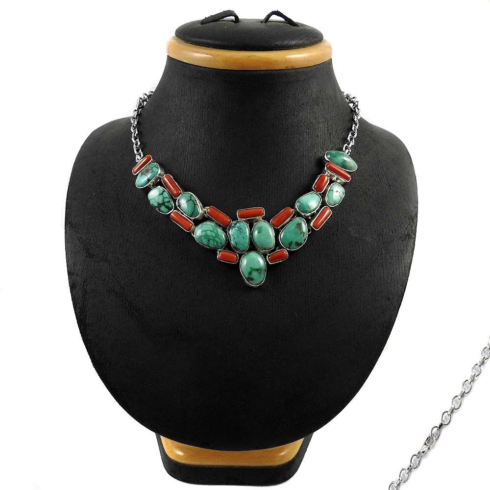 Woman Gift Natural Turquoise Cluster Bohemian Necklace 925 Silver E2