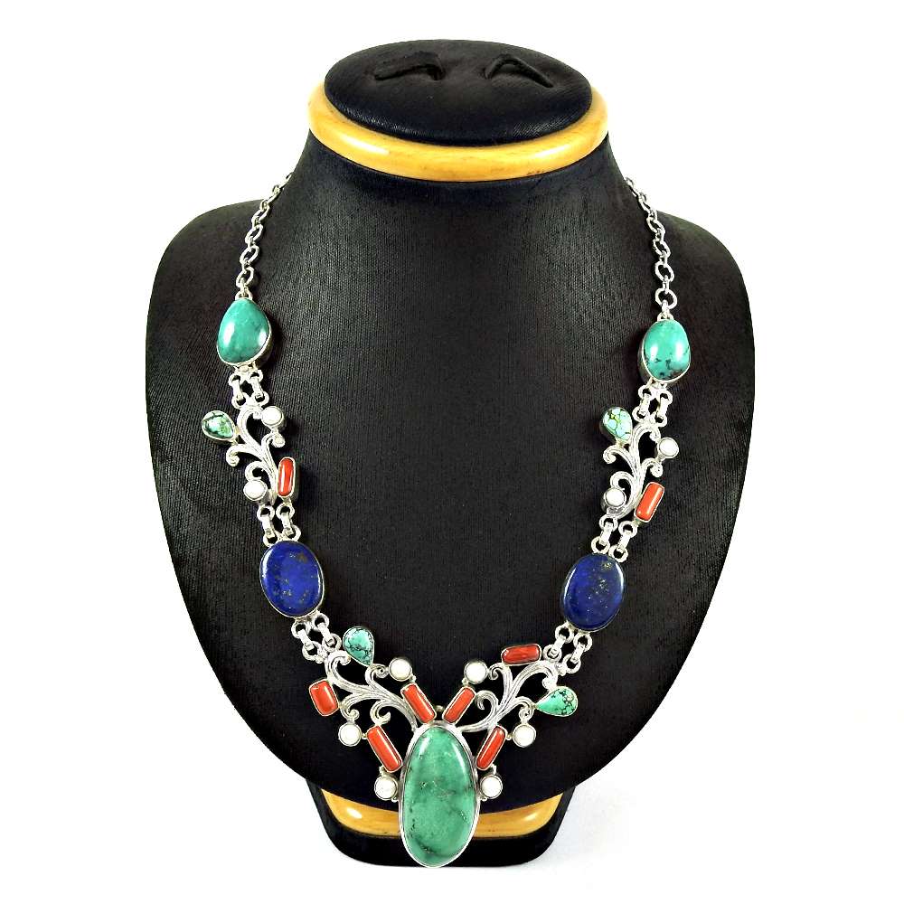 Woman Gift 925 Sterling Silver Natural Turquoise Cluster Boho Necklace S2