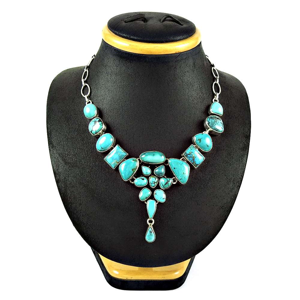 Natural Turquoise Gemstone Cluster BOHO Necklace 925 Sterling Silver Jewelry J5