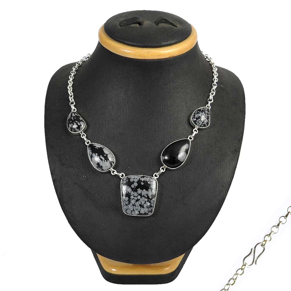 Natural Snowflake Obsidian Gemstone 925 Silver Cluster Necklace For Girls R5