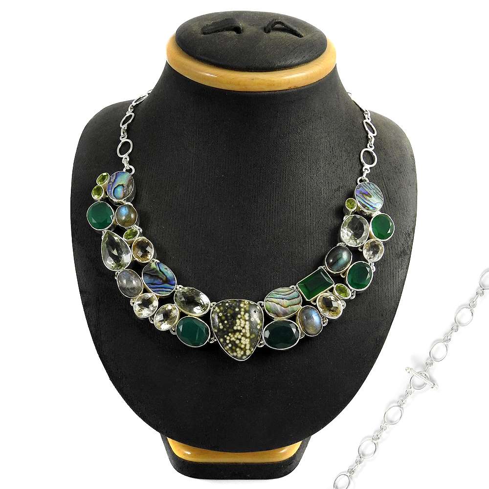 Woman Gift Natural Onyx Gemstone Cluster Necklace 925 Sterling Silver E3