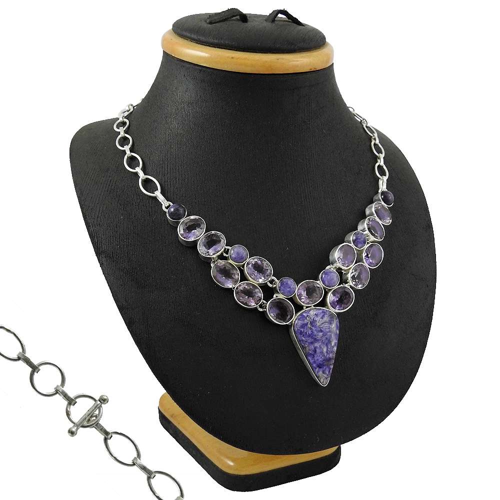 Natural Sujilite Gemstone 925 Sterling Silver Cluster Necklace For Women W6