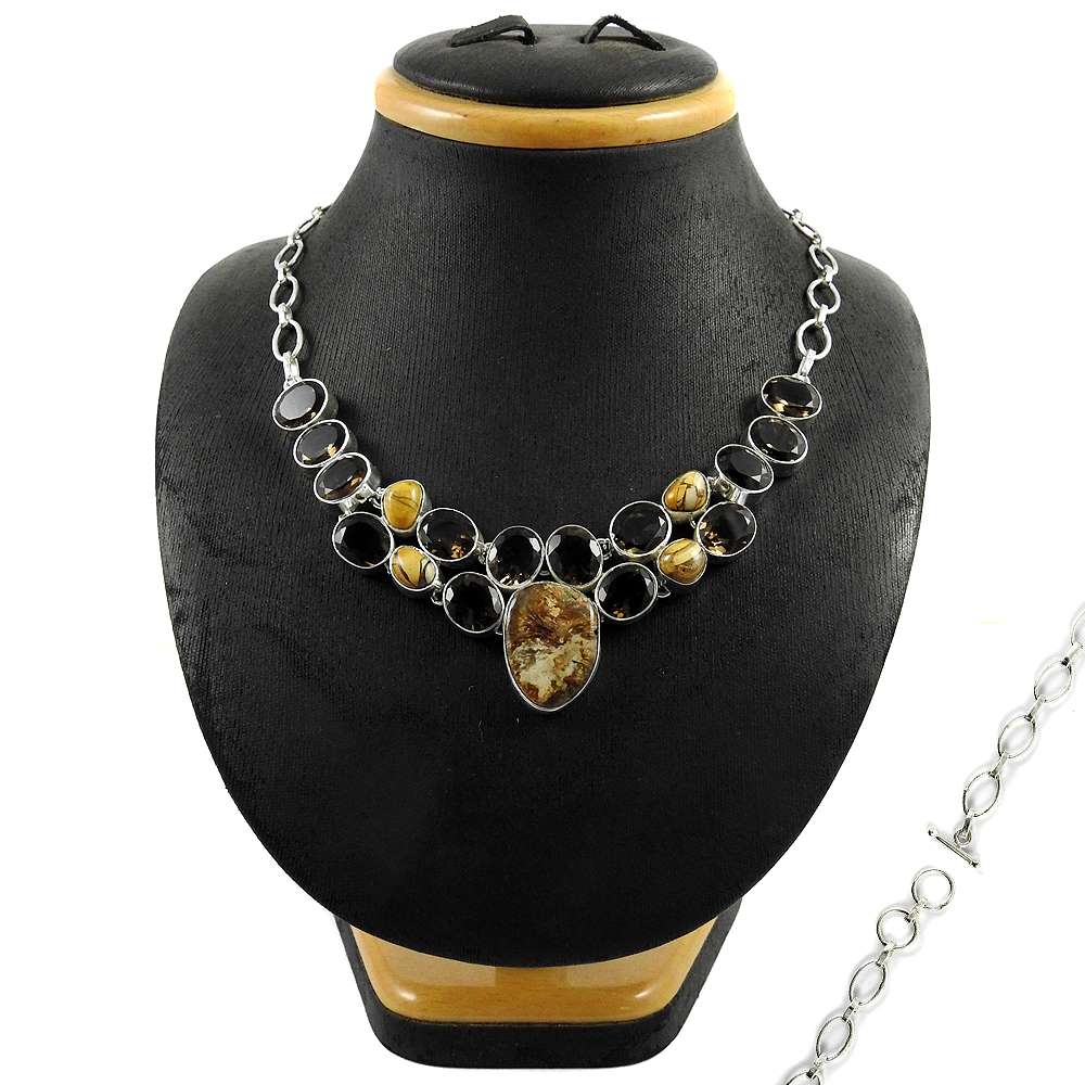 Natural Smoky Quartz Gemstone Cluster Ethnic Necklace 925 Sterling Silver H3