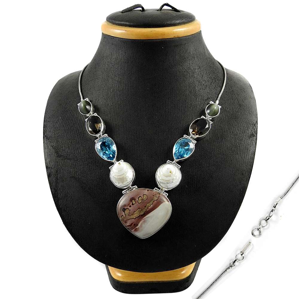 Woman Gift Natural Jasper Cluster Statement Necklace 925 Sterling Silver I3