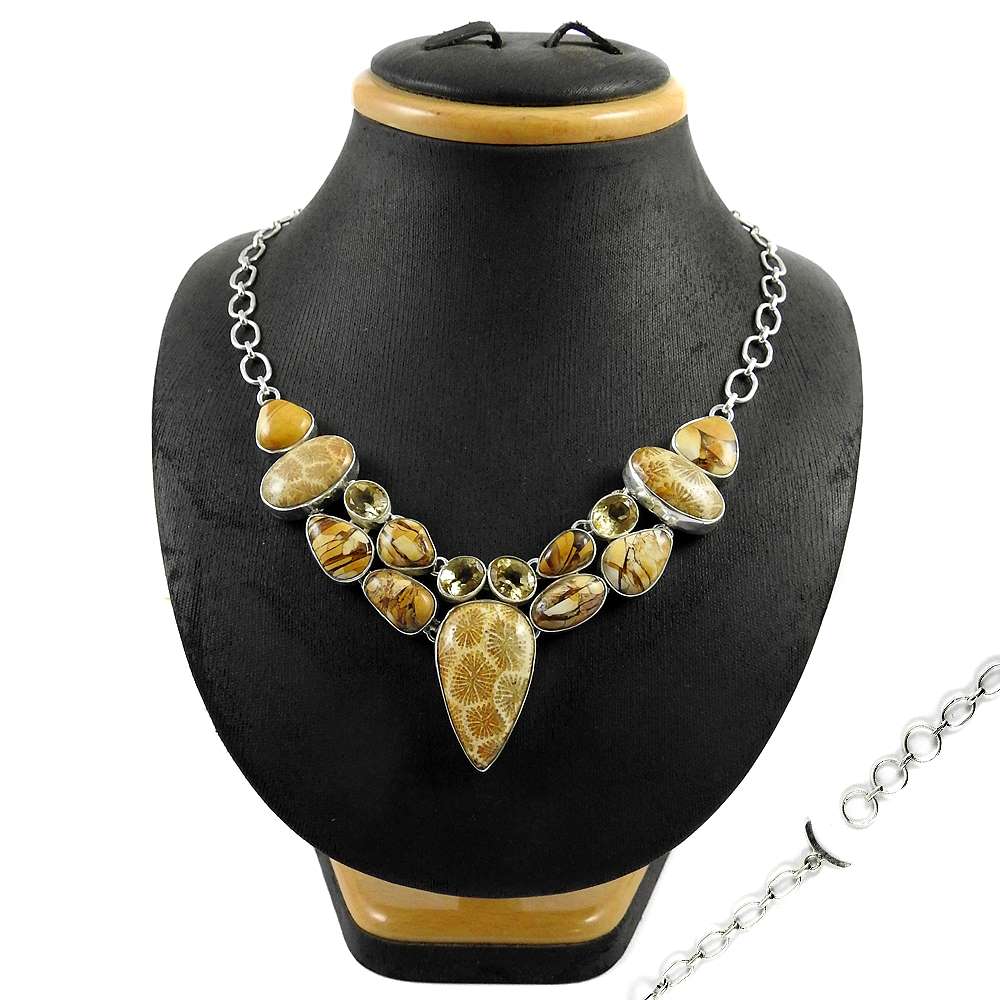 Woman Gift Natural Jasper Cluster Tribal Necklace 925 Sterling Silver K3