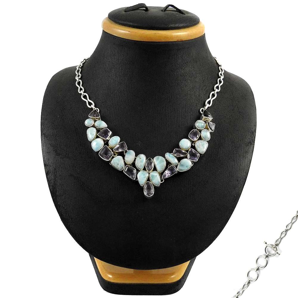 Woman Gift Natural Larimar Gemstone Cluster Necklace 925 Sterling Silver T3
