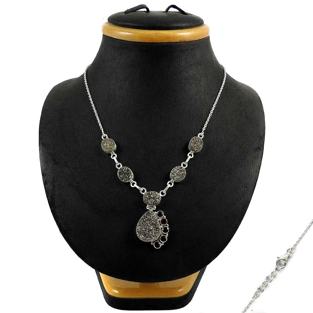 Woman Gift Natural Druzy Gemstone Cluster Necklace 925 Sterling Silver U3