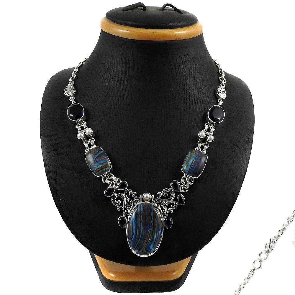 Woman Gift Natural Rainbow Calsilica Cluster Necklace 925 Silver Q3