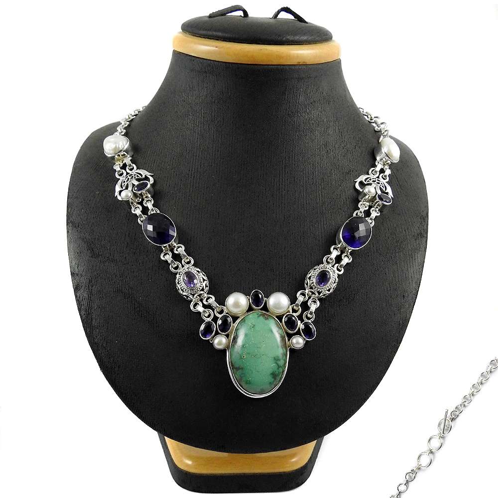 Natural Turquoise Gemstone Cluster Boho Necklace 925 Silver For Women S7