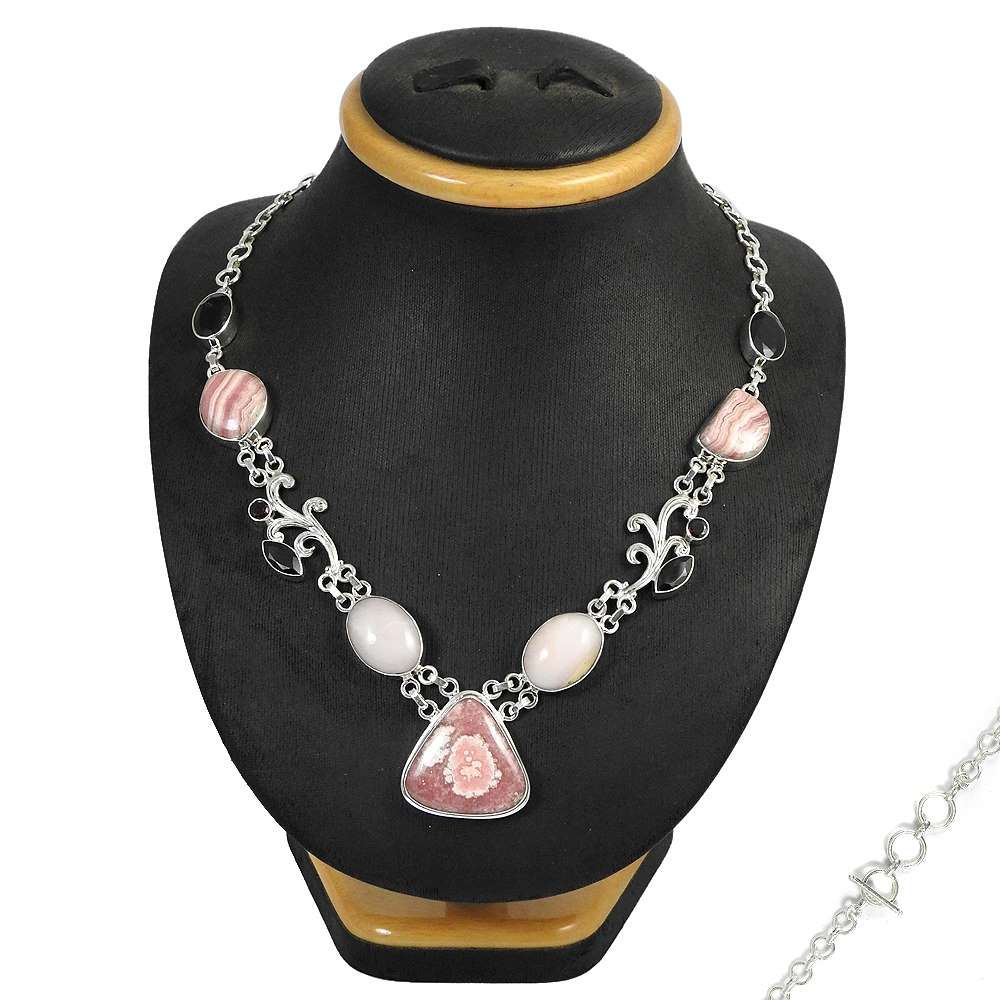 Woman Gift 925 Silver Natural Pink Opal Cluster Bohemian Necklace B8