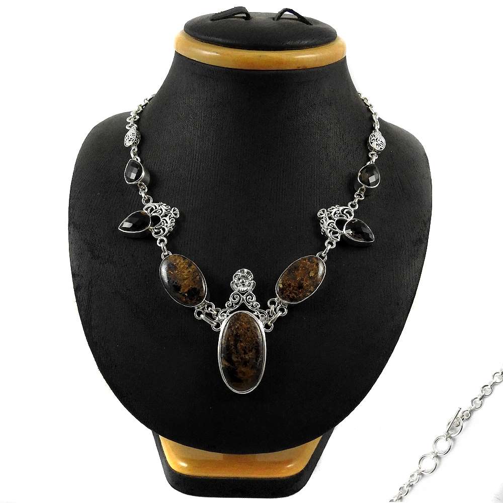Natural Bronzite Gemstone Cluster Bohemian Necklace 925 Silver For Girls F8