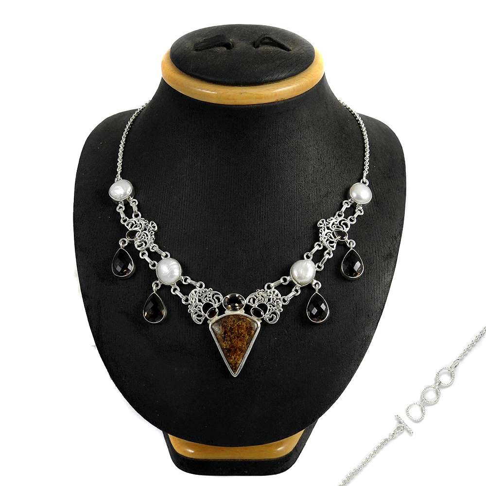 Woman Gift Natural Bronzite Gemstone Cluster Necklace 925 Silver G8