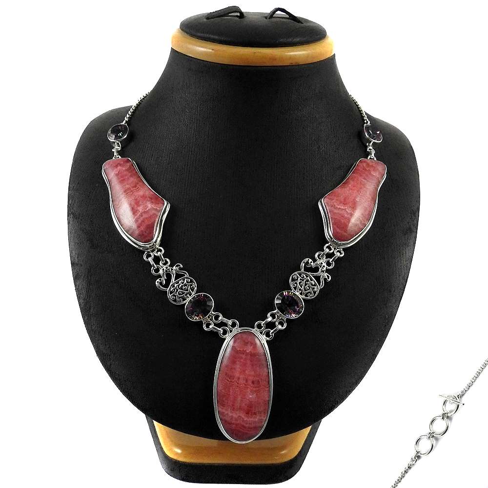 Woman Gift 925 Silver Natural Rhodochrosite Cluster Boho Necklace H4