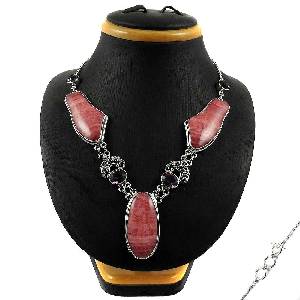 Natural Rhodochrosite Gemstone Cluster Bohemian Necklace 925 Silver For Women I4