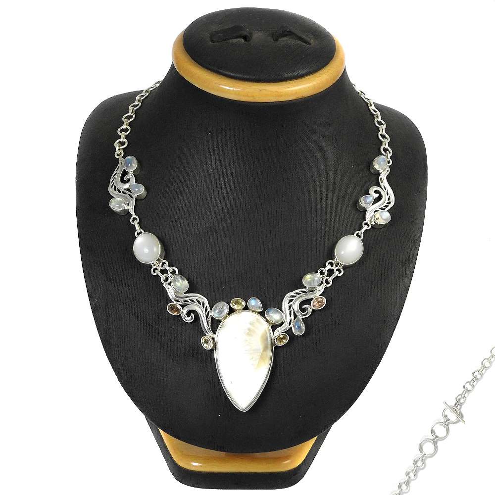 Woman Gift Natural Mother Of Pearl Cluster Tribal Necklace 925 Silver J4