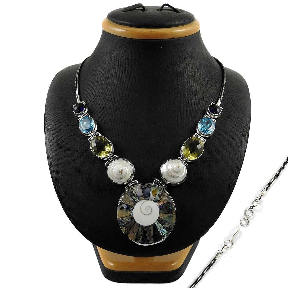 Woman Gift 925 Silver Natural Shell Gemstone Cluster Tribal Necklace L4