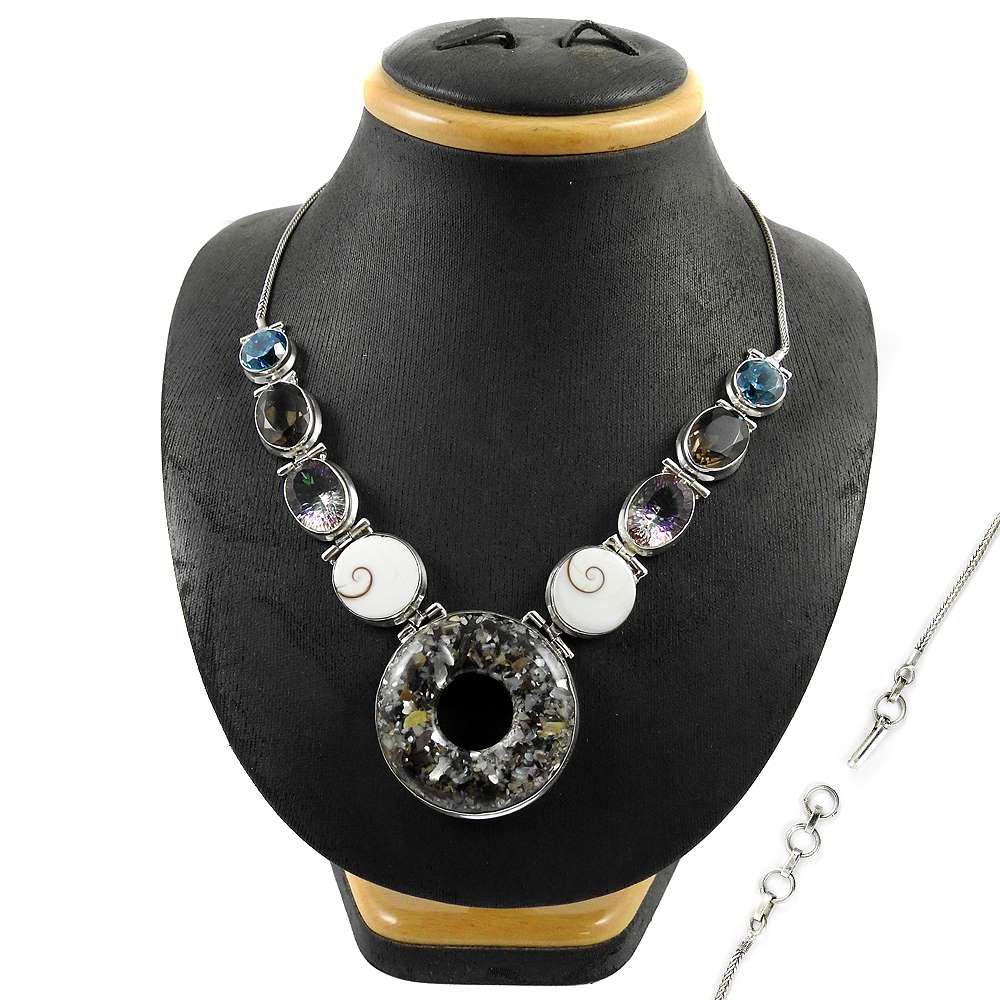Natural Shell Gemstone Cluster Boho Gray Necklace 925 Sterling Silver Jewelry J9