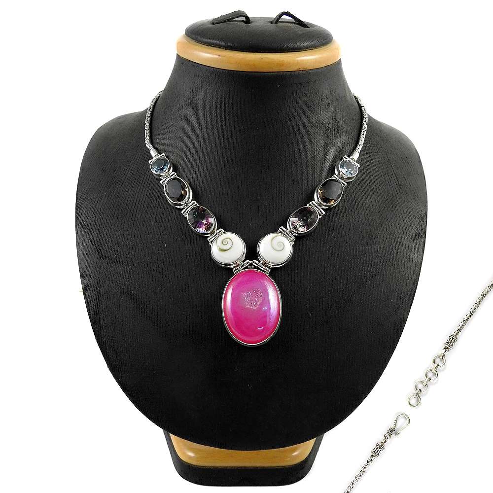 Natural Druzy Gemstone Cluster Necklace 925 Sterling Silver Indian Jewelry L9