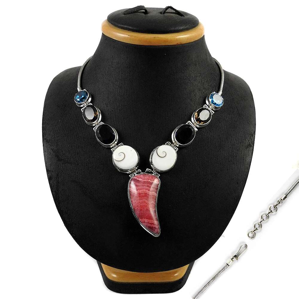 Woman Gift 925 Silver Natural Rhodochrosite Gemstone Cluster Necklace N9