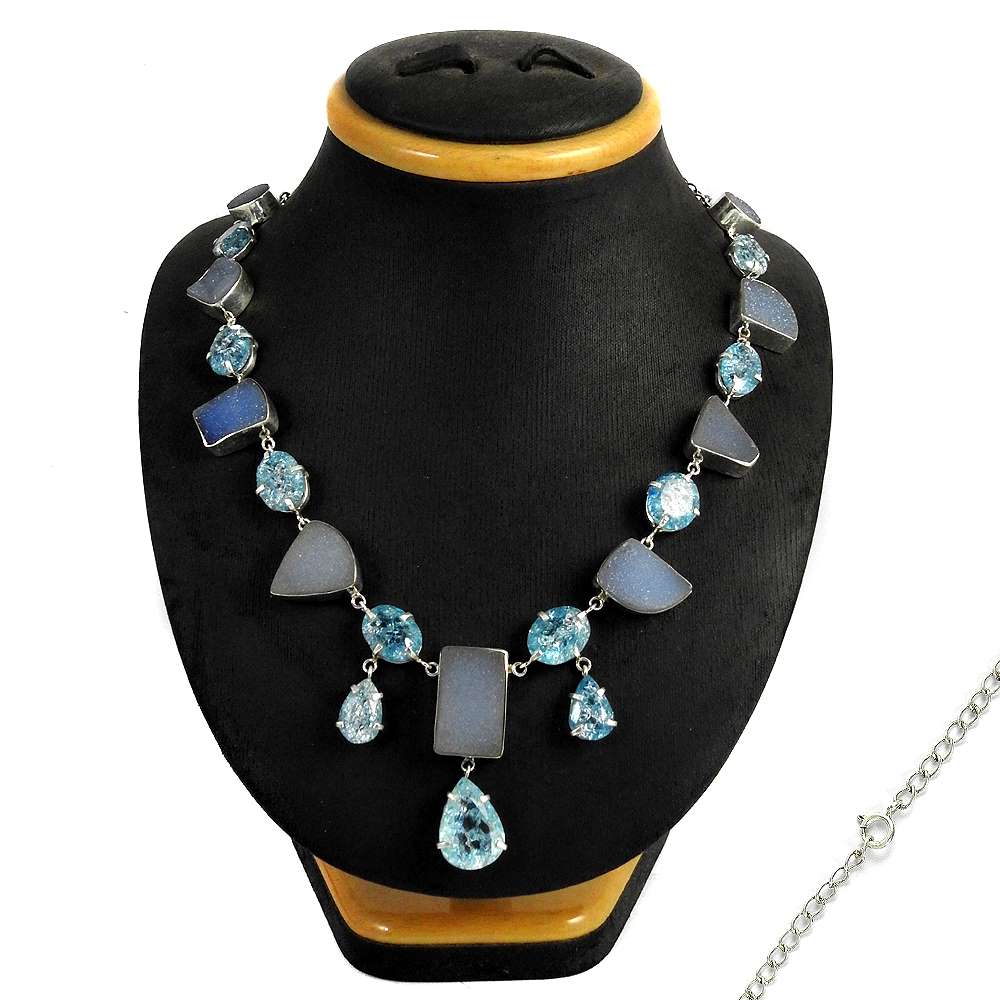 Woman Gift Natural Druzy Gemstone Cluster Necklace 925 Silver P9