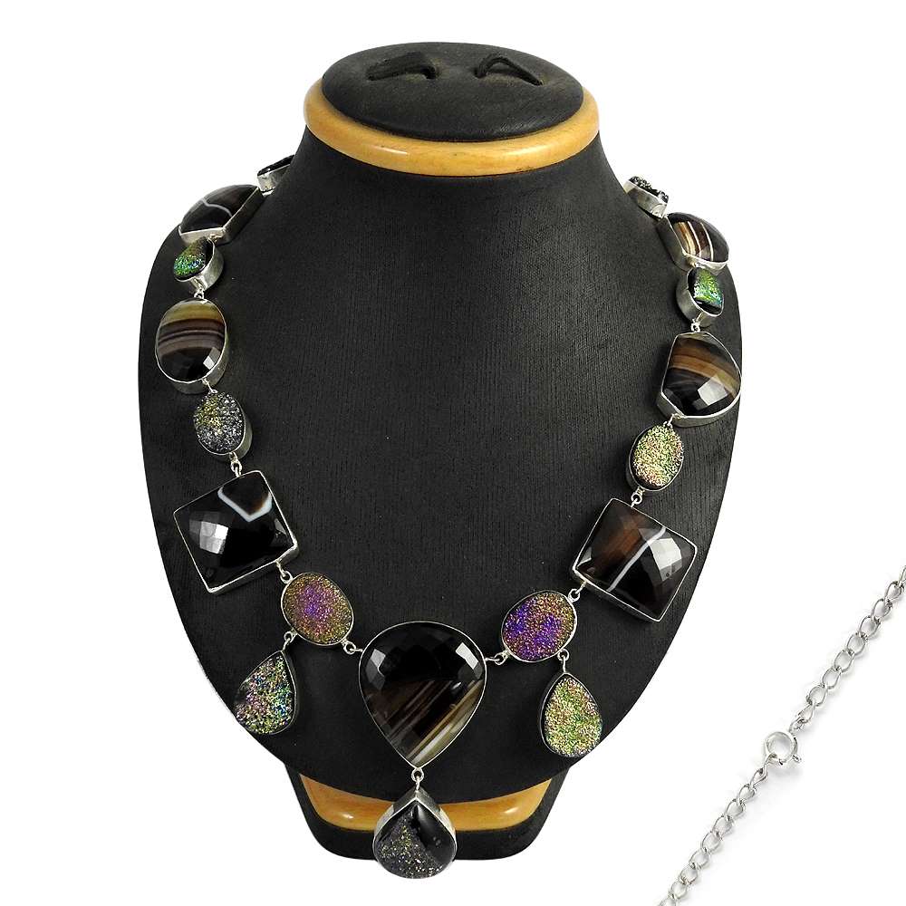 Woman Gift Natural Striped Onyx Cluster Statement Necklace 925 Silver G4
