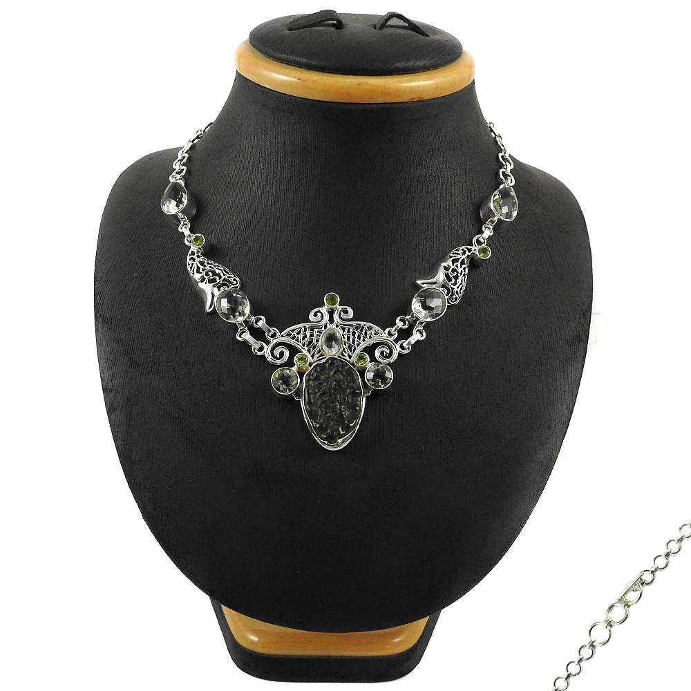 Woman Gift Natural Moldavite Glass Gemstone Cluster Necklace 925 Silver