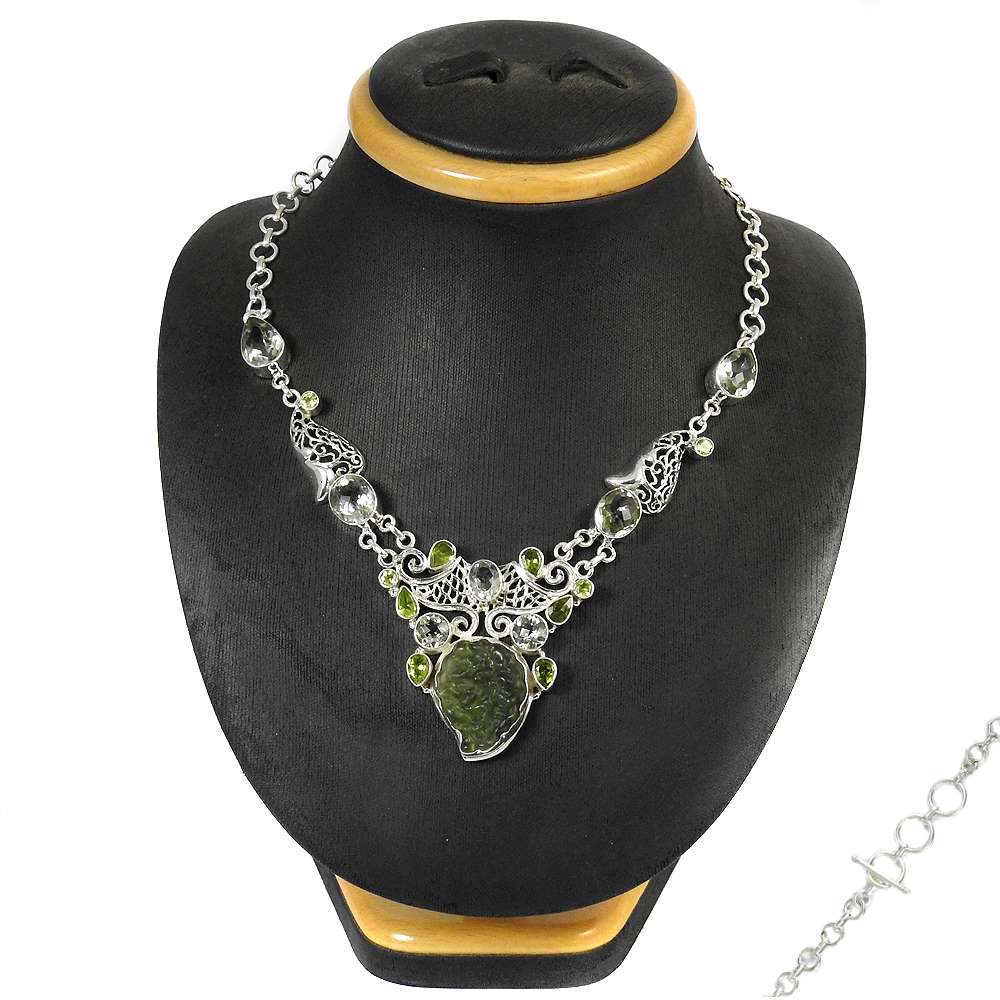 Woman Gift Natural Moldavite Glass Gemstone Cluster Necklace 925 Silver I4