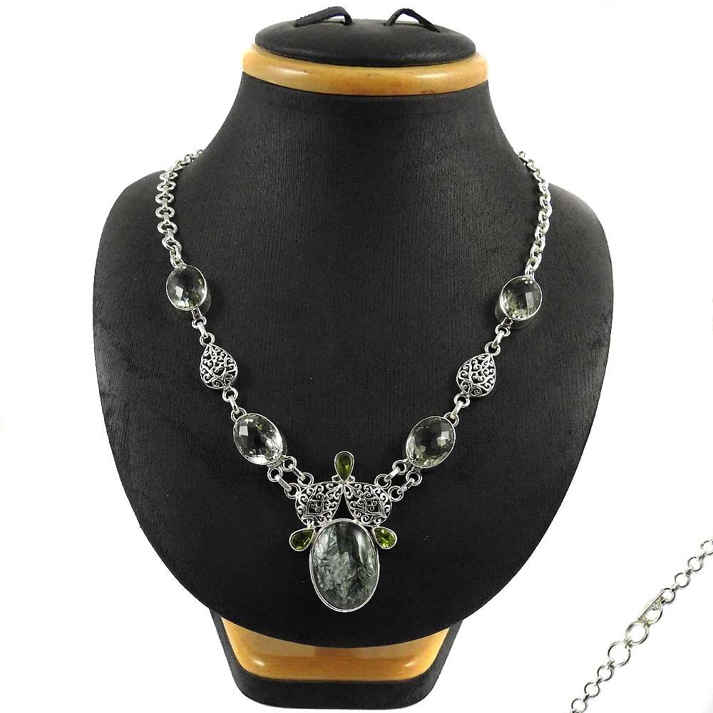 Woman Gift Natural Seraphinite Cluster Boho Necklace 925 Silver Y9