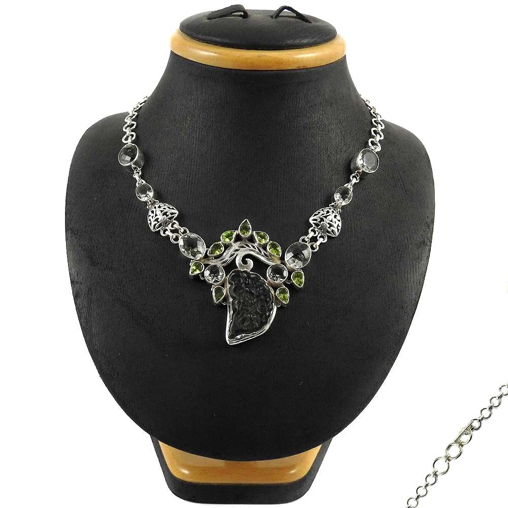 Natural Moldavite Glass Gemstone Cluster Necklace 925 Sterling Silver Jewelry K4