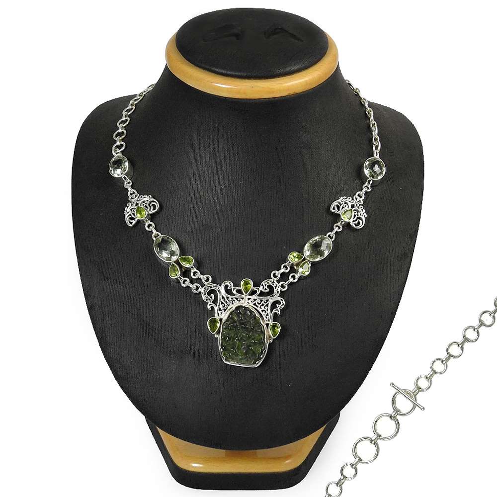 Woman Gift Natural Moldavite Glass Cluster Necklace 925 Sterling Silver M4