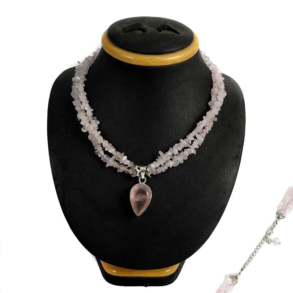 Natural Rose Quartz Gemstone Cluster Beaded Pink Necklace 925 Silver G10