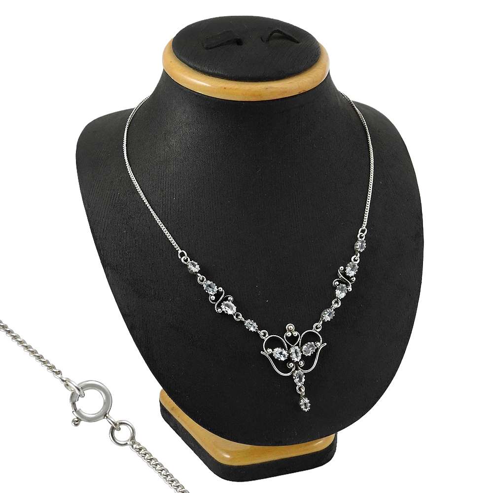 Woman Gift 925 Silver Natural Blue Topaz Gemstone Cluster Necklace J10