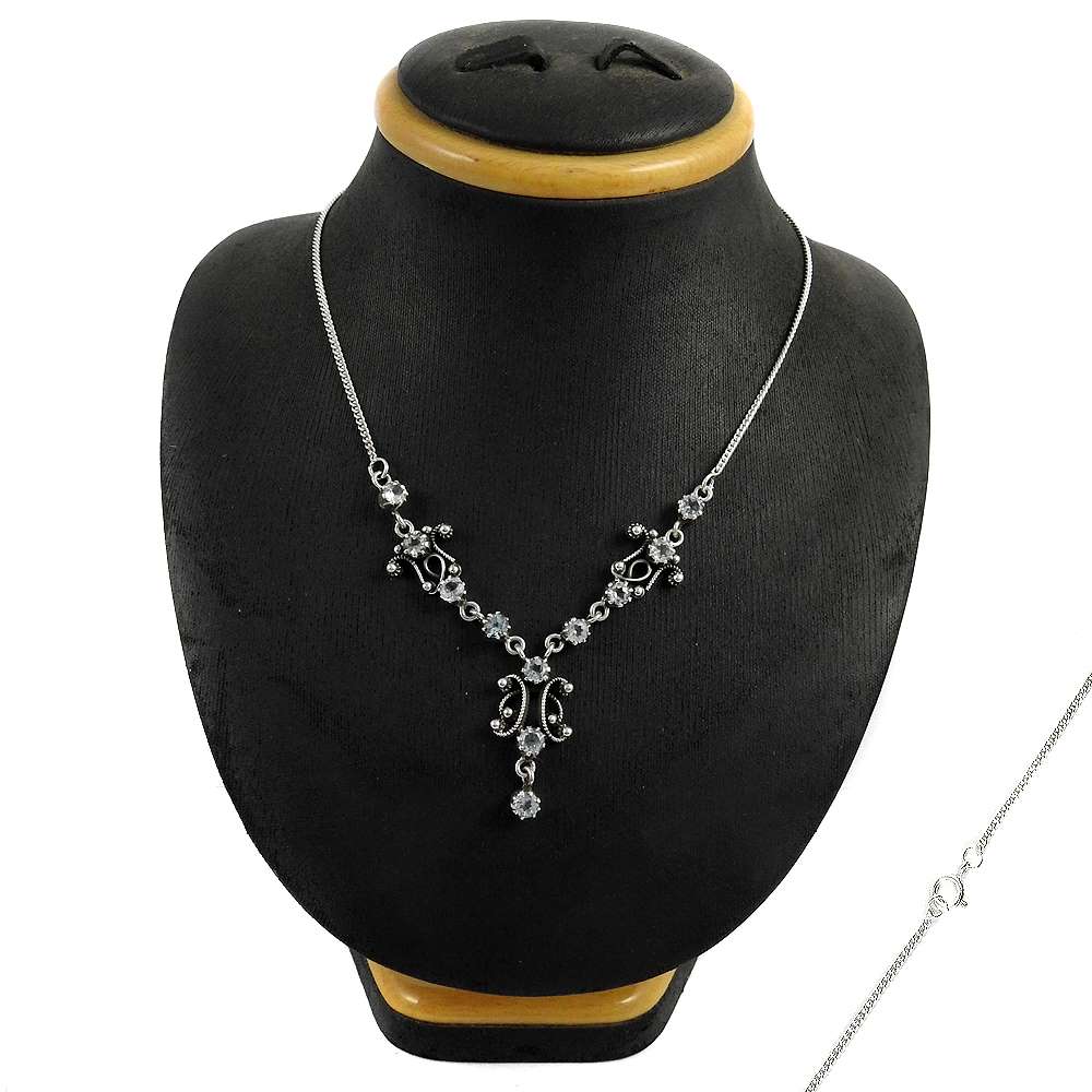 Woman Gift 925 Silver Natural Blue Topaz Gemstone Cluster Bohemian Necklace