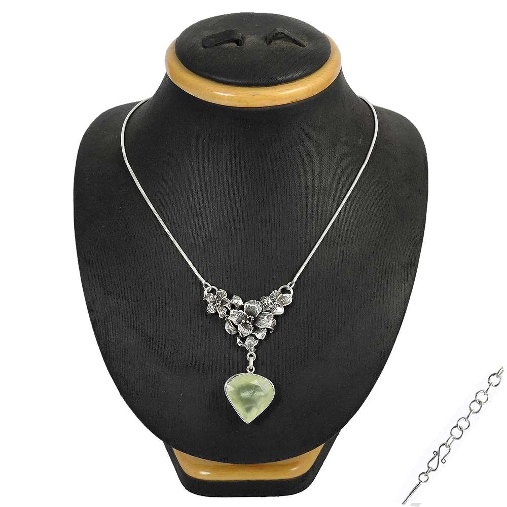 Natural Prehnite Gemstone Cluster Boho Necklace 925 Sterling Silver Jewelry G23