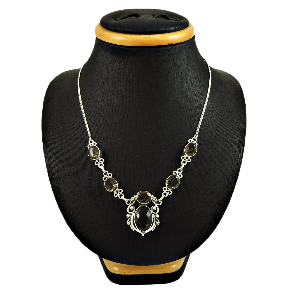 Natural Smoky Quartz Gemstone Christmas Gift Necklace 925 Silver For Women Q4