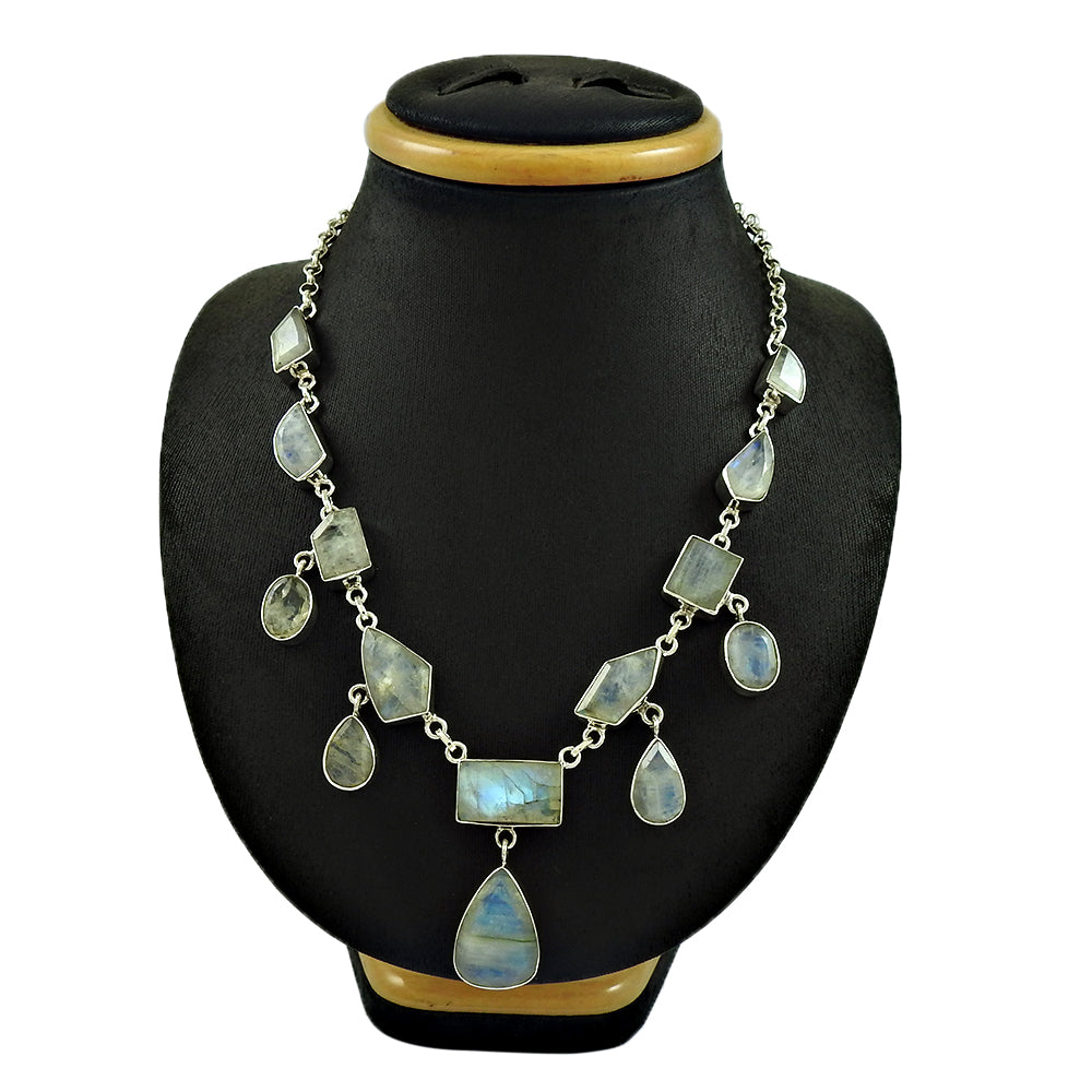 Christmas Gift Necklace 925 Sterling Silver Natural Rainbow Moonstone X4