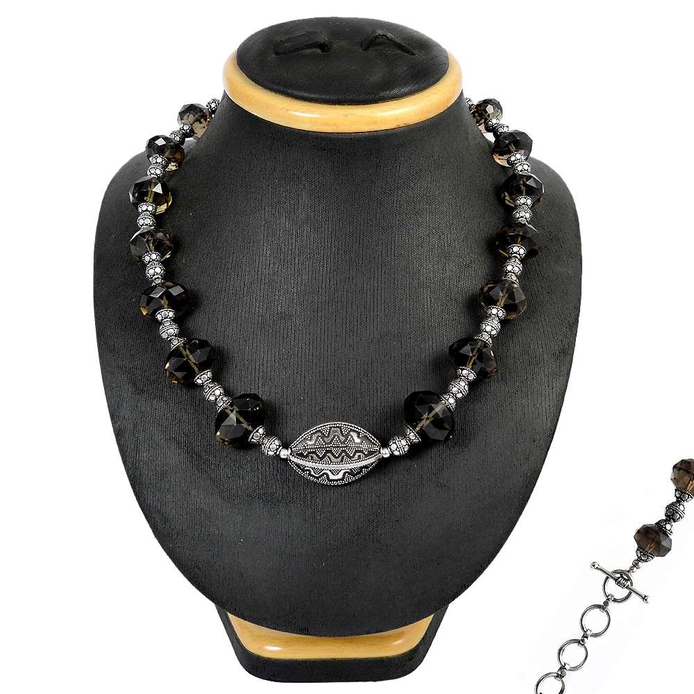 Woman Gift Natural Smoky Quartz Beaded Artisan Necklace 925 Silver F5