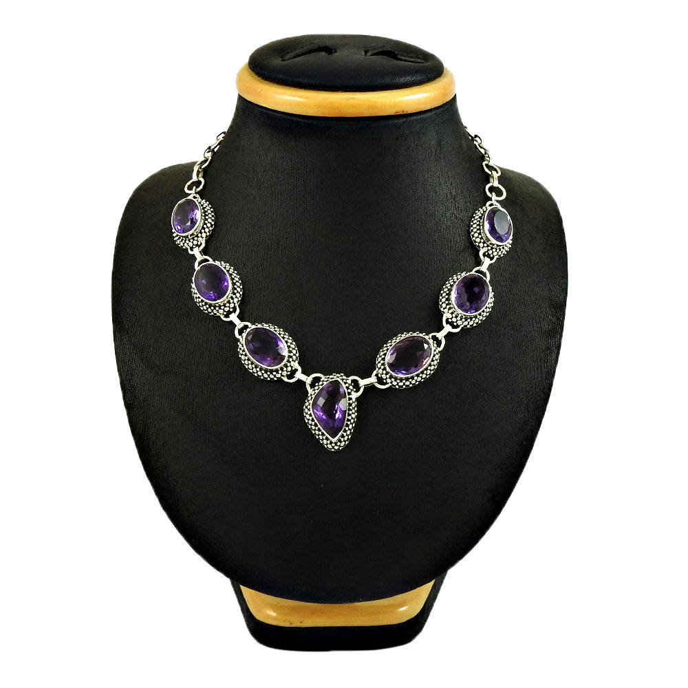Natural Amethyst Gemstone Statement Christmas Gift Necklace 925 Silver D5