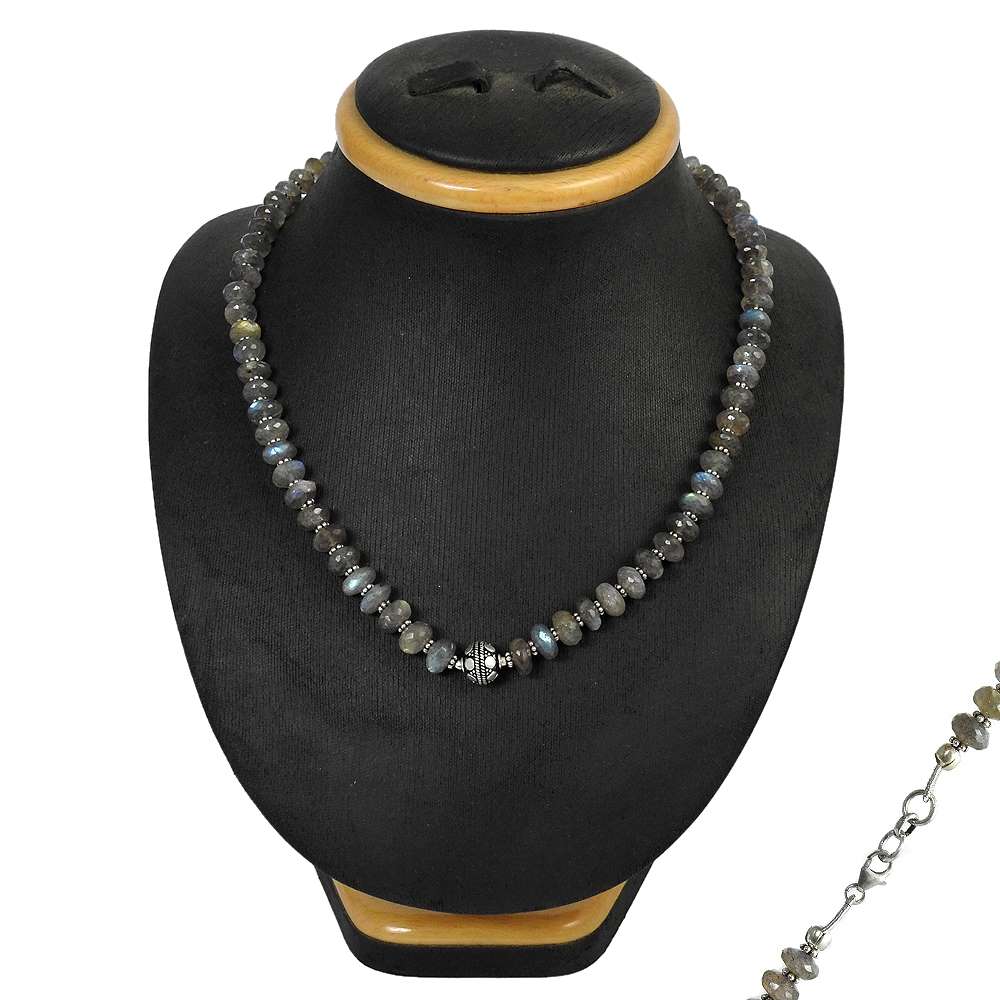 Natural Labradorite Gemstone Beaded Blue Necklace 925 Sterling Silver Jewelry Q1