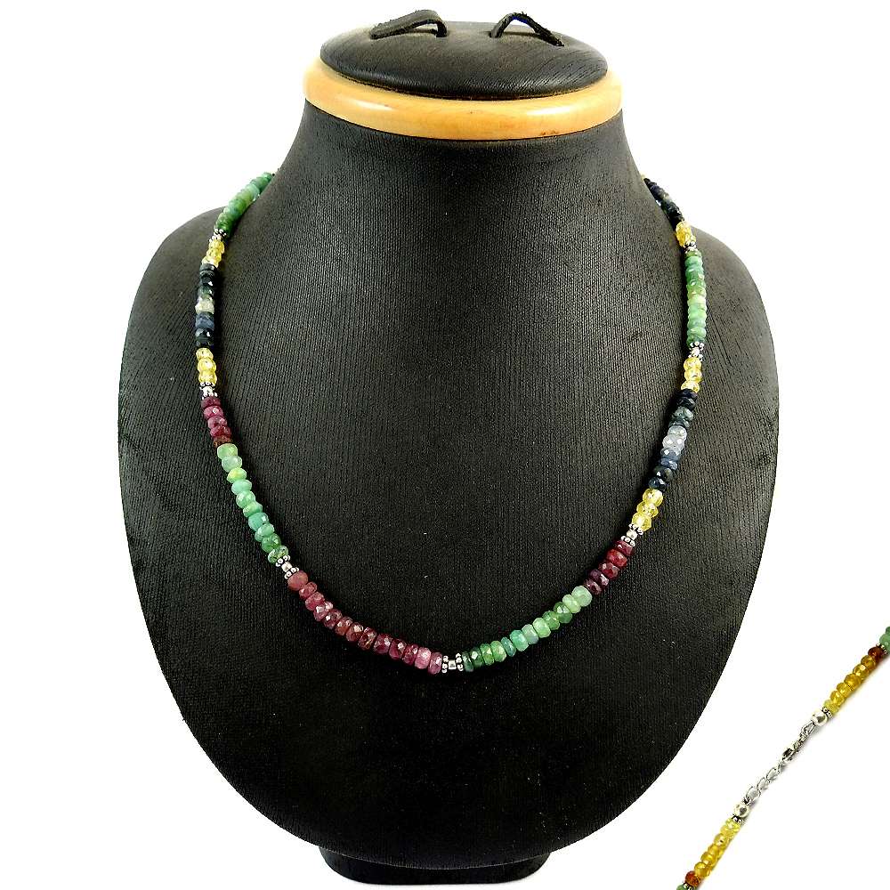 Natural Emerald Gemstone Beaded Necklace 925 Sterling Silver For Women F7
