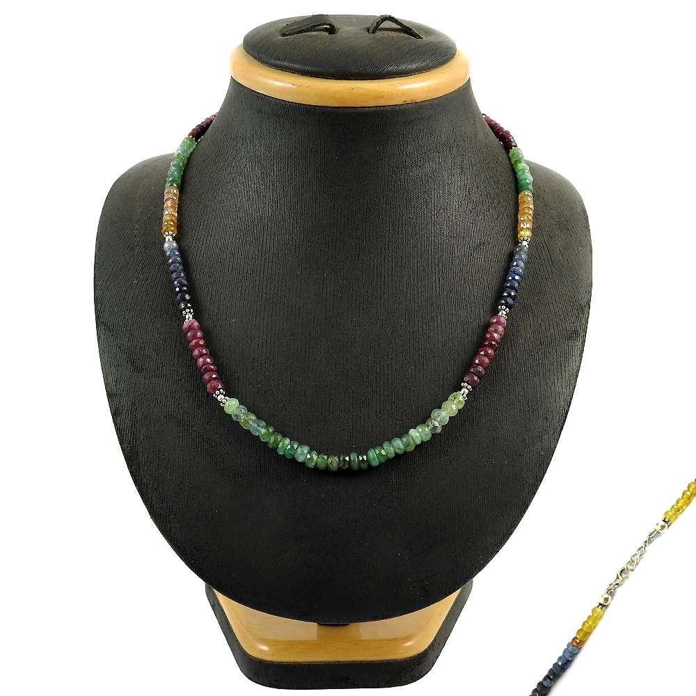 Natural Emerald Gemstone 925 Sterling Silver Beaded Necklace For Women X13
