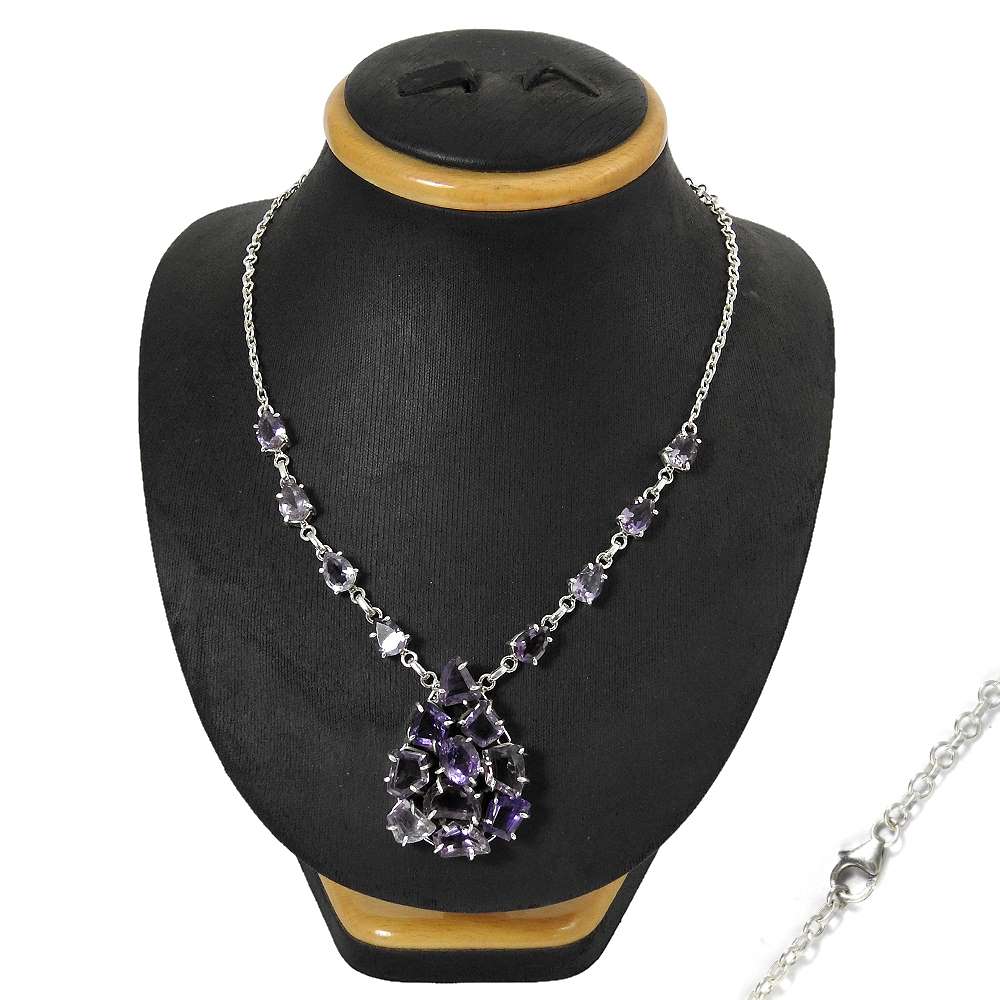 Natural Amethyst Gemstone Cluster Boho Necklace 925 Silver For Women I14