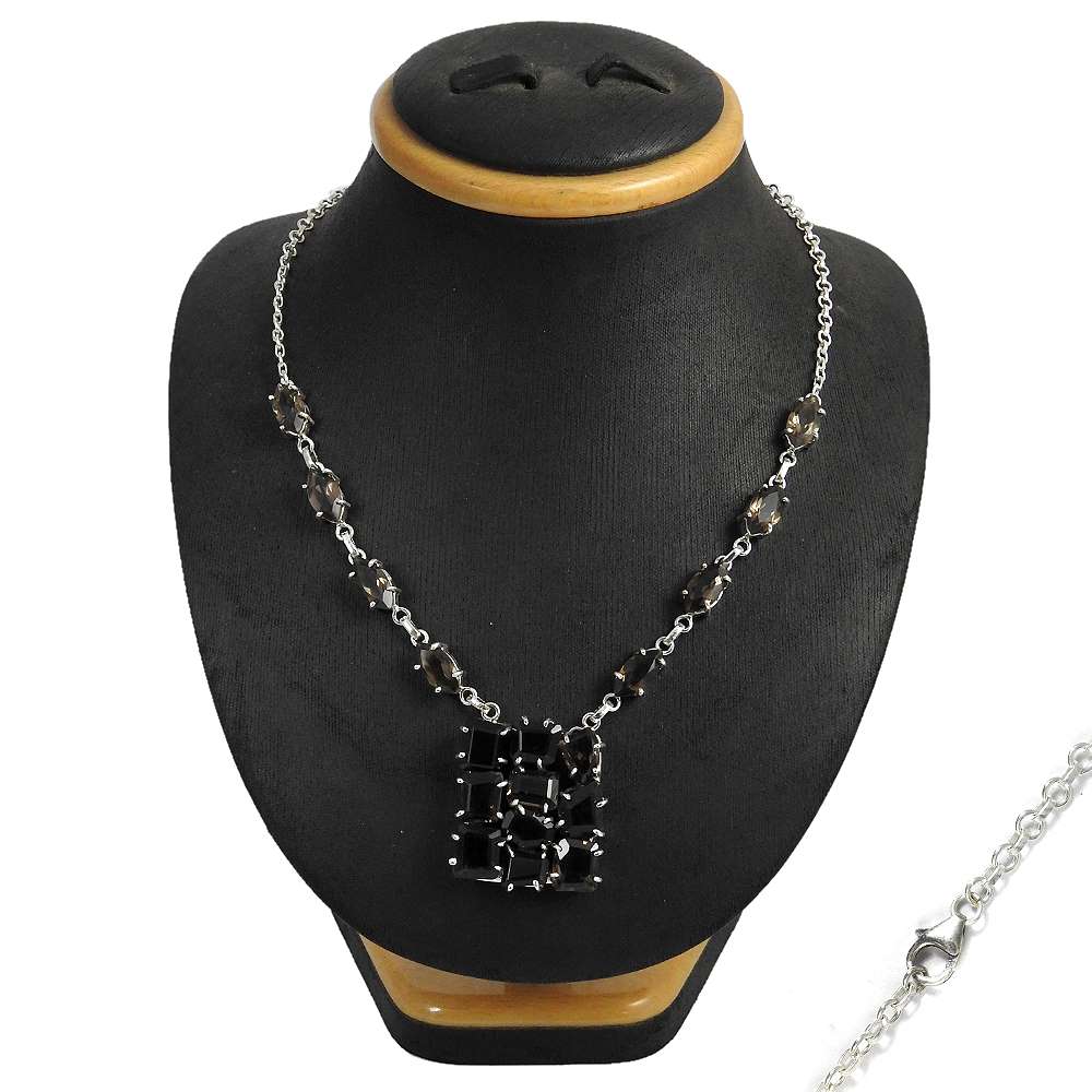 Natural Smoky Quartz Gemstone Cluster Necklace 925 Sterling Silver For Women K14
