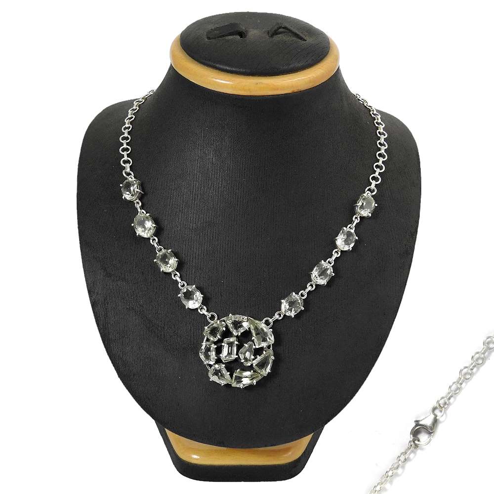 Natural Green Amethyst Gemstone Cluster Boho Necklace 925 Silver For Girls M14