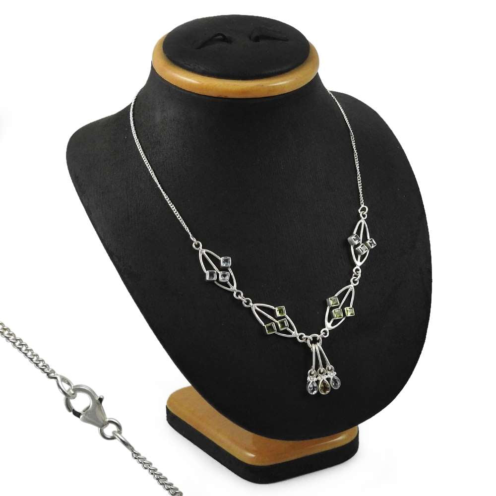 Natural Blue Topaz Gemstone 925 Silver Cluster Tribal Necklace For Girls E19