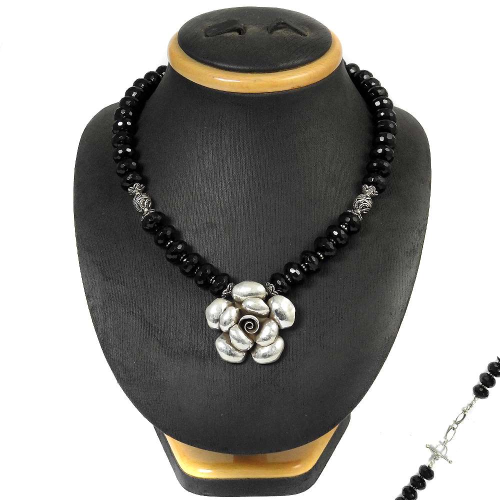 Woman Gift Natural Onyx Gemstone Beaded Necklace 925 Sterling Silver P5